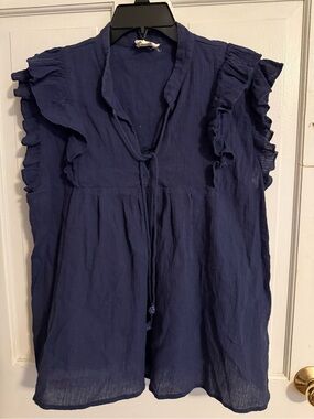 BiBi Navy Ruffle Sleeve Tie-Neck Blouse